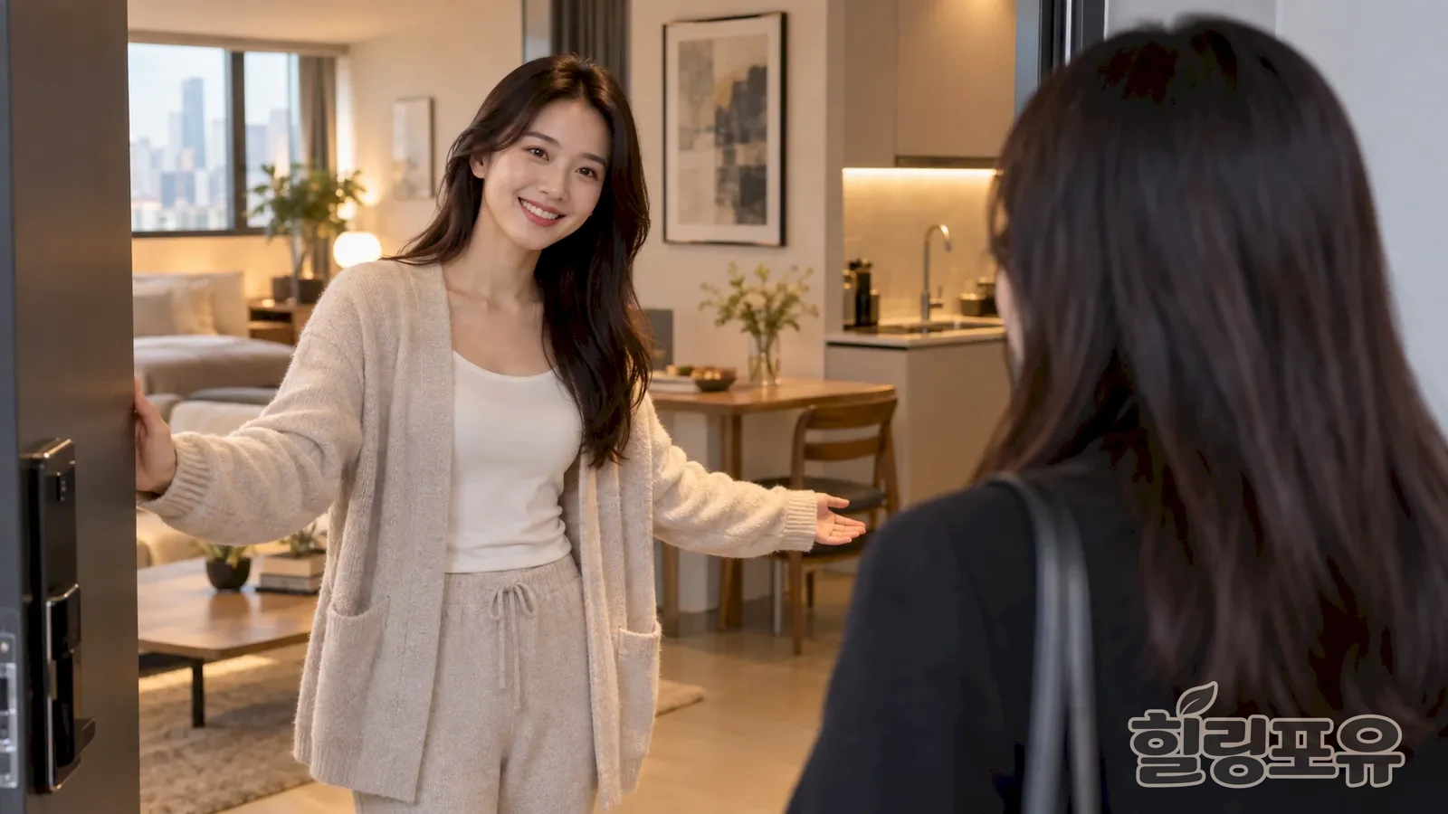 과천출장마사지 안내 이미지 — 문 앞에서 방문객을 맞이하는 여성